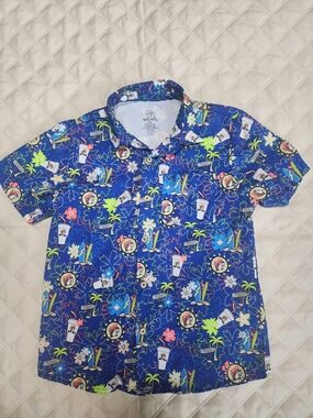 Buc-ee's Blue Tropical Summer Surf Palm Trees Logo Print Button Down Shirt YL